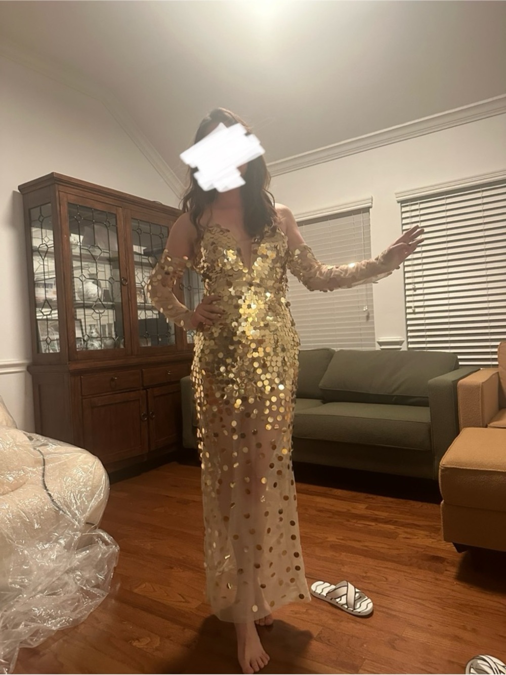 Gold Sequin Maxi Dress with Sheer Long Sleeves